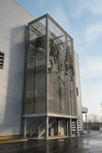 Fire escape staircase enclosed in decorative metal mesh cladding with tree motif, Pure Metal Tech® by Dreamet